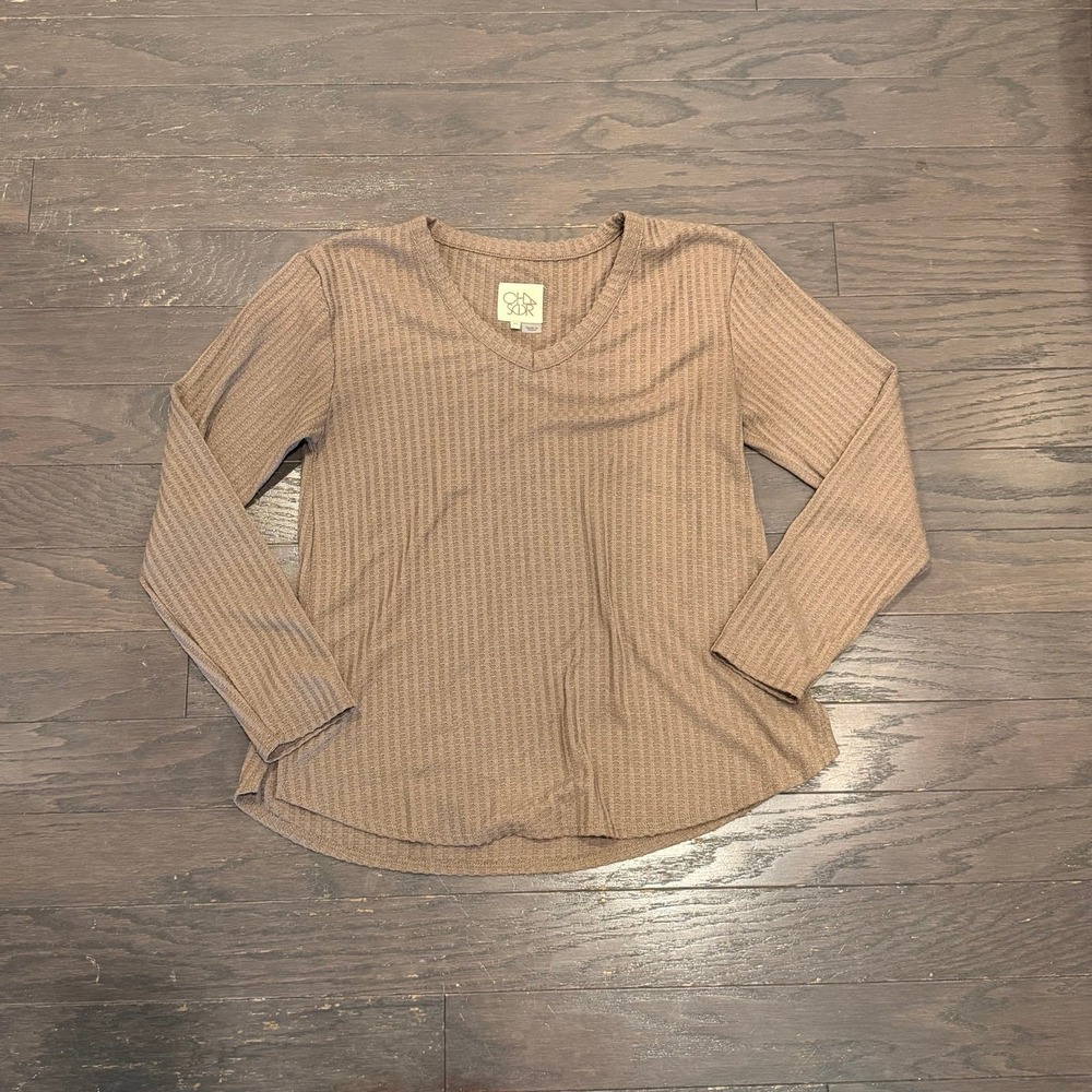 Chaser‎ Womens Tan Waffle Knit Thermal V-Neck Long Sleeve Top Size Medium